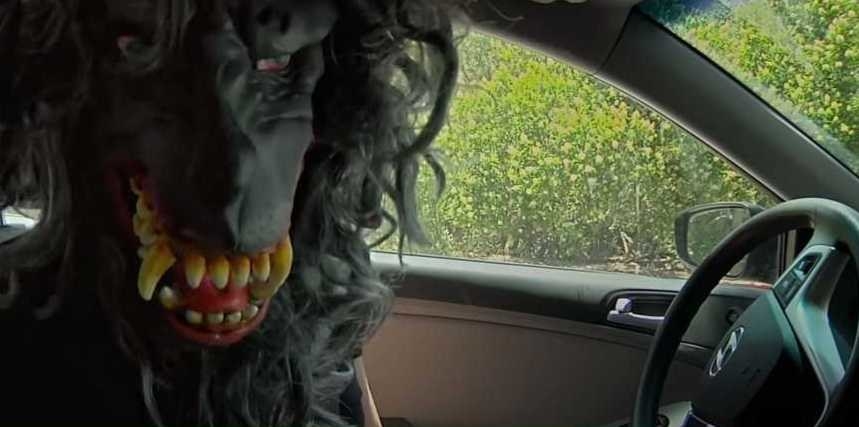 Man in a wolf mask drives a car