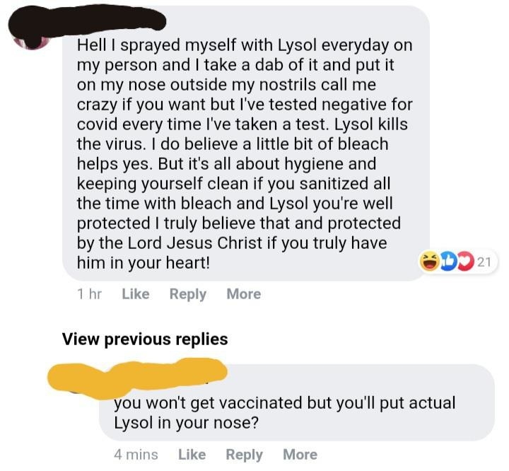 person who dabs lysol into their nose instead of getting vaxxed