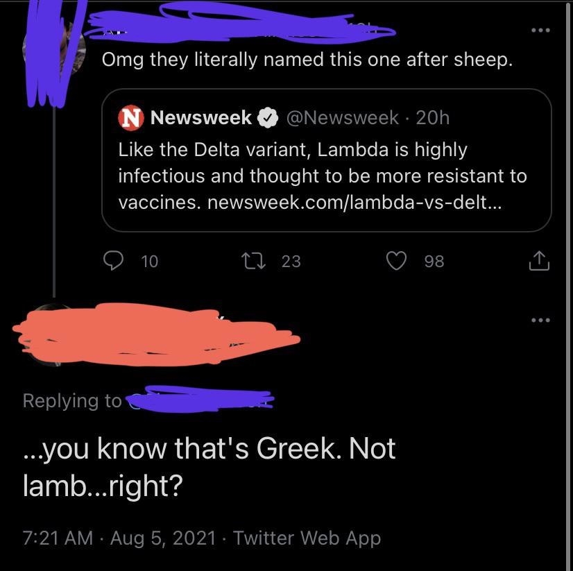 anti-vaxxer who thinks lamda is an animal not a greek letter