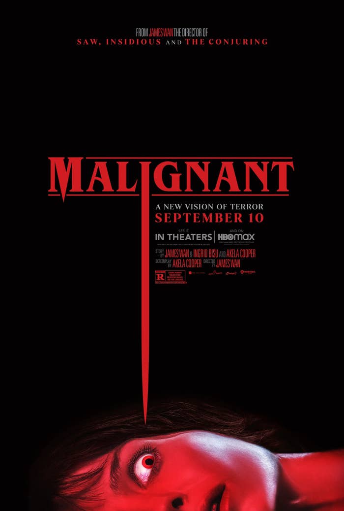 Promo image for Malignant featuring a person lying down and looking up in fear as the I in Malignant points toward their eye as if it were a nail