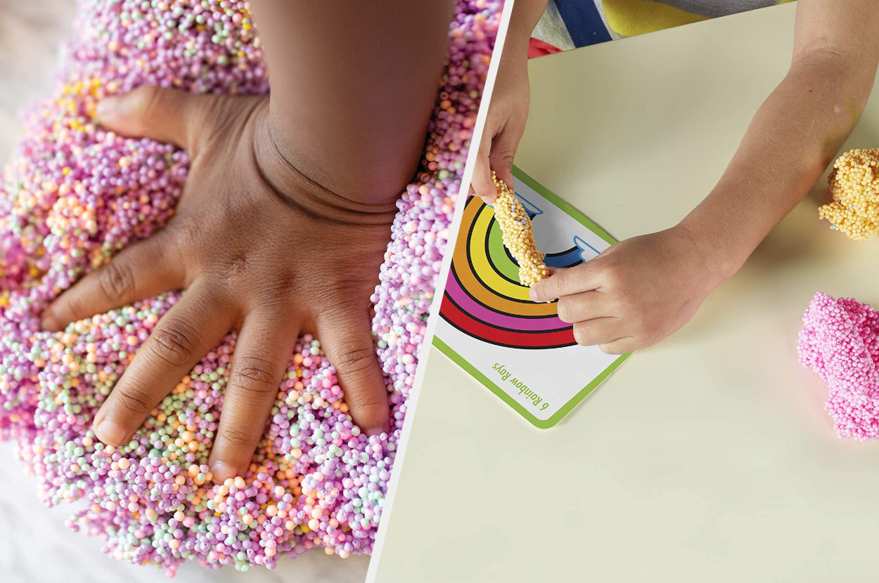 Split image of children&#x27;s hands playing with foam