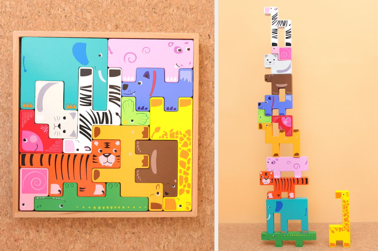 Split image of animal stacking toys in a puzzle box and stacked atop each other
