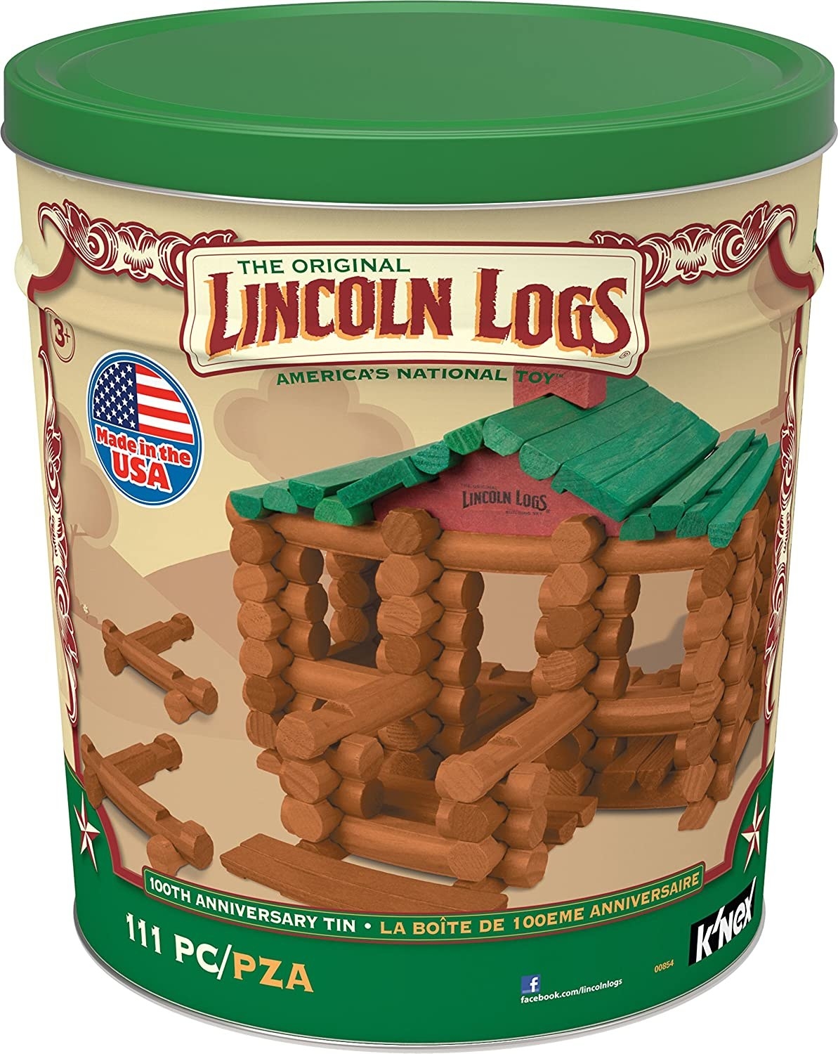 A large round green tin filled with Lincoln logs