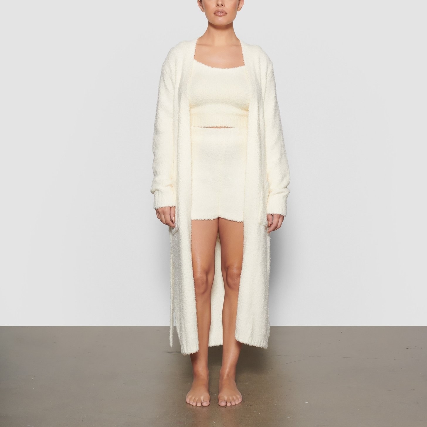 model wearing cozy white skims robe