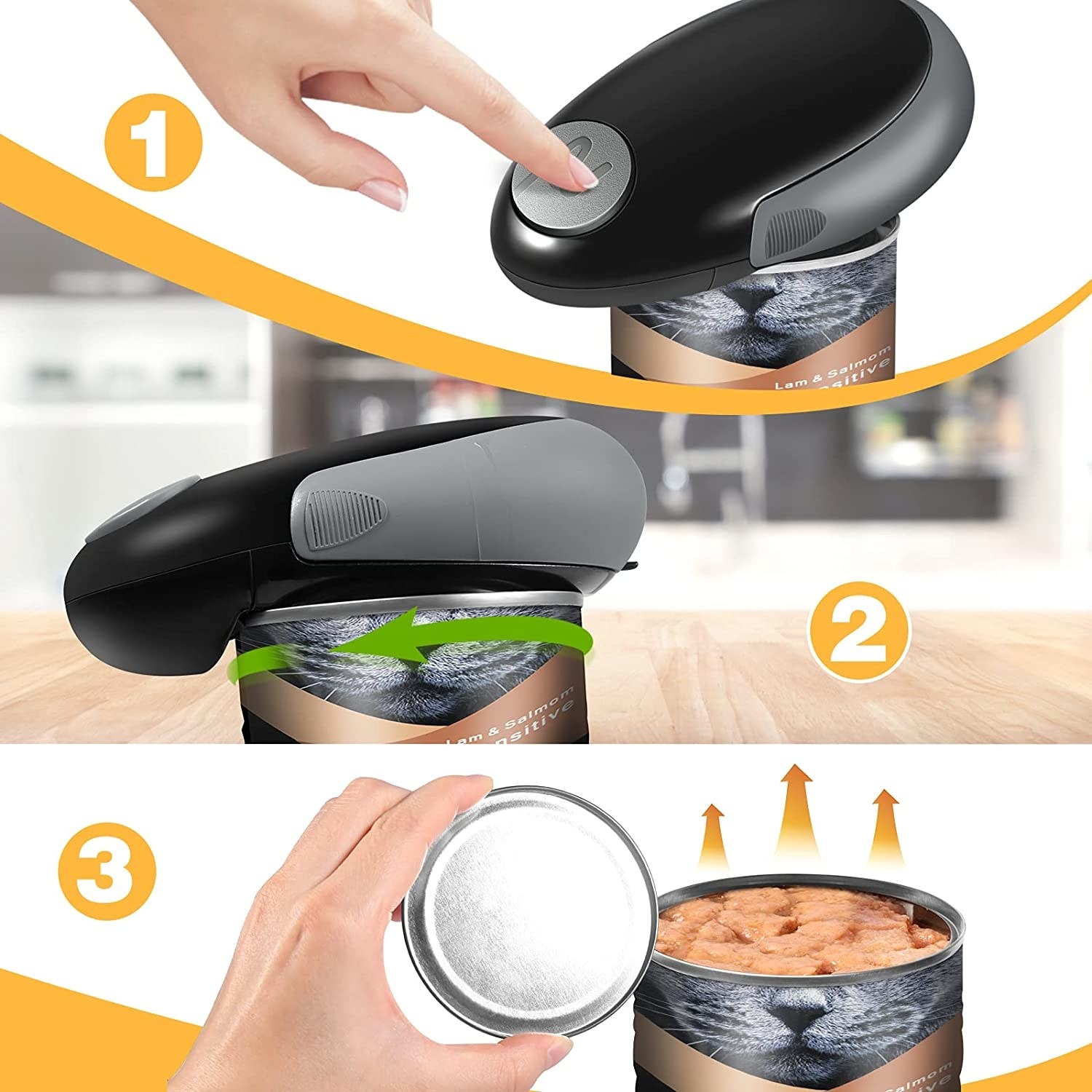 a three step diagram about how to use the electric can opener