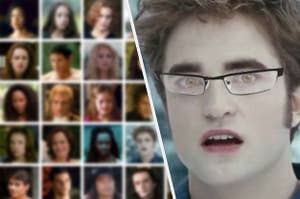 A grid of blurry characters and Edward in reading glasses