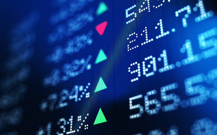 Numbers and percentages associated with stocks, and green and red arrows