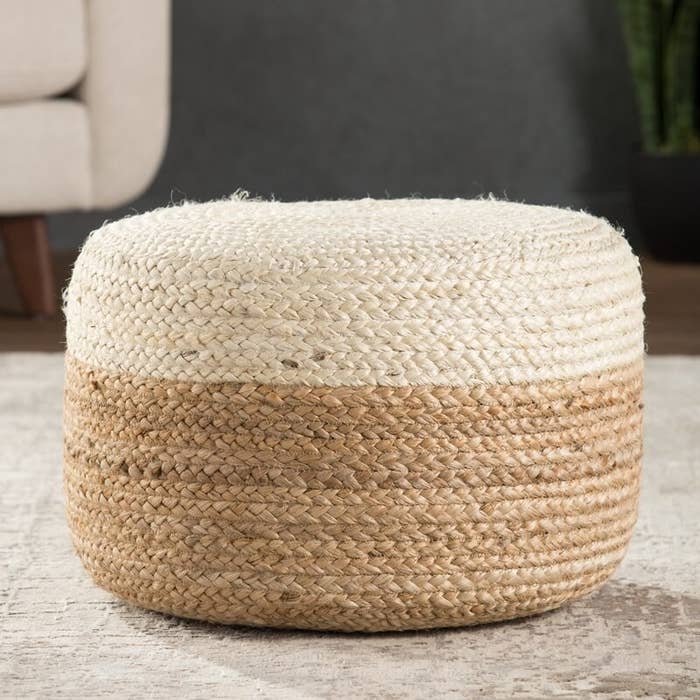the pouf in two colors, white on top and tan on bottom