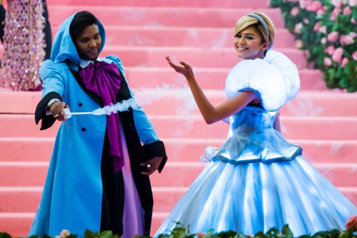 Law Roach dressed as Fairy Godmother while his client Zendaya is Cinderella at the Met Gala