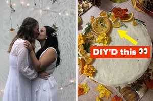 couple kisses at their wedding next to a cake with dried lemons and florals on it