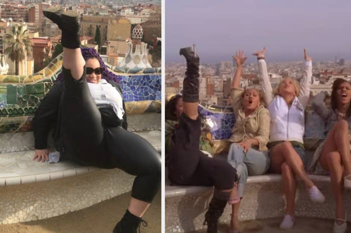 A woman is on the left with her leg in the air, while a group of four girls pose on a bench on the right