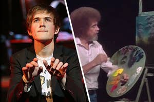 Bo Burnham playing an air piano and Bob Ross puts paint on his brush from a painting board