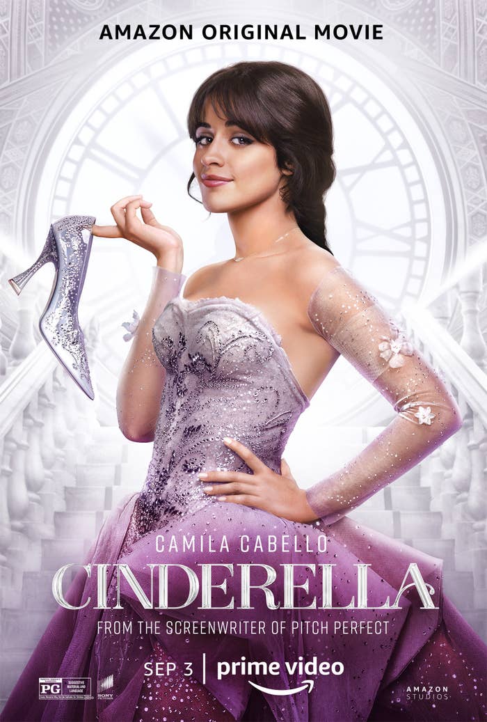Movie poster for Cinderella, showing Camilla Cabello in a purple and silver dress holding a glass slipper