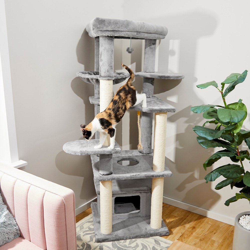 The cat tree in the color Gray