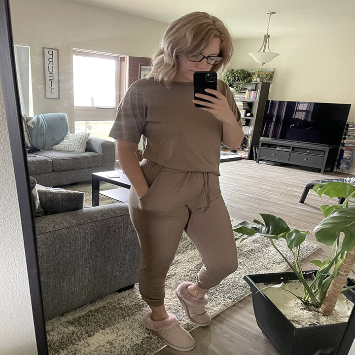 reviewer wearing the nude set