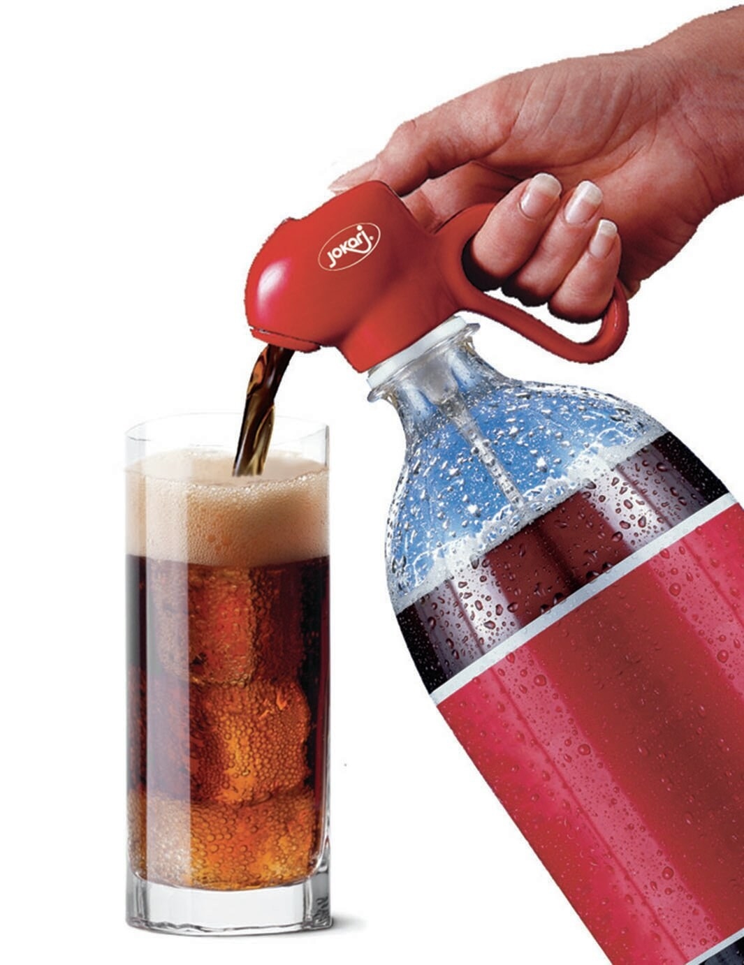 model using soda dispenser to pour soda into glass