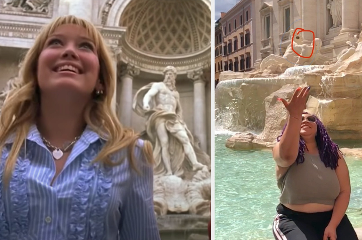 Lizzie McGuire is on the left, looking up while a woman is on the right, throwing a coin into a fountain