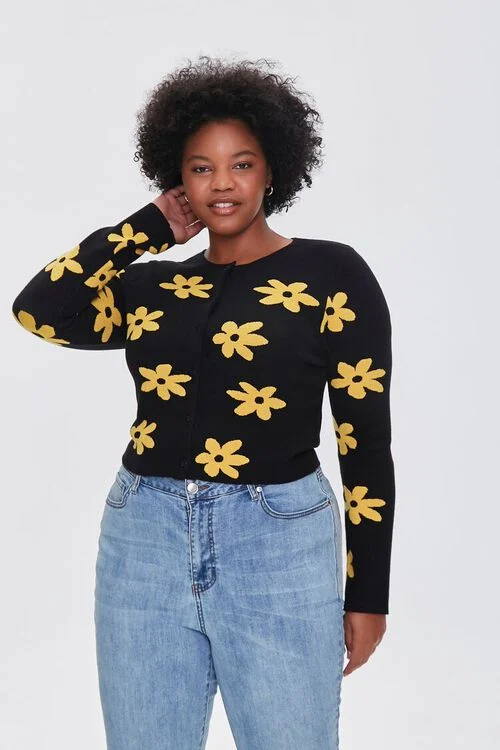 yellow flowers on black cardigan
