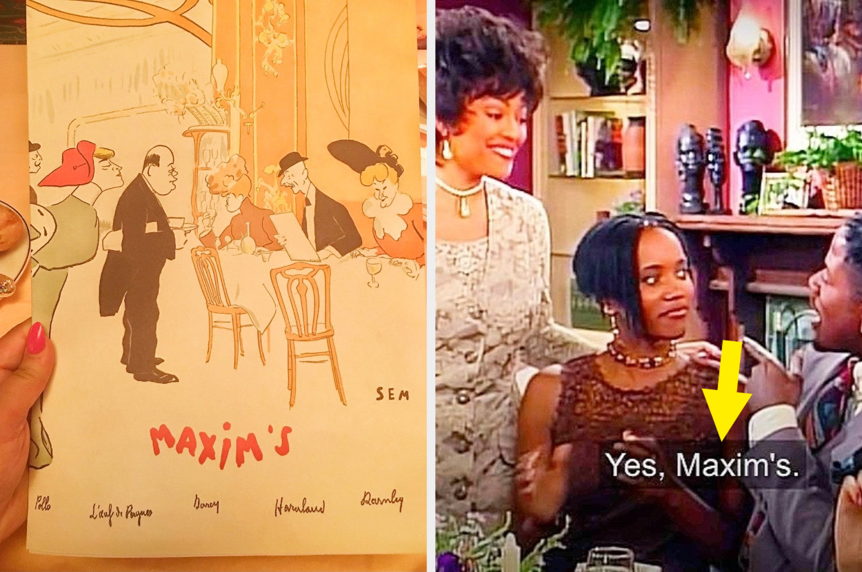 A woman is on the left holding a menu that says &quot;Maxim&#x27;s&quot; while friends are on the right at dinner