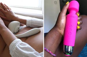 Model balancing off-white dual stimulating vibrator on belly and model holding hot pink mini wand vibrator