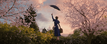 Mary Poppins flying with her umbrella