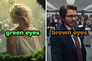 On the left, Taylor Swift in the Cardigan music video labeled green eyes, and on the right, Taylor in the The Man music video labeled brown eyes
