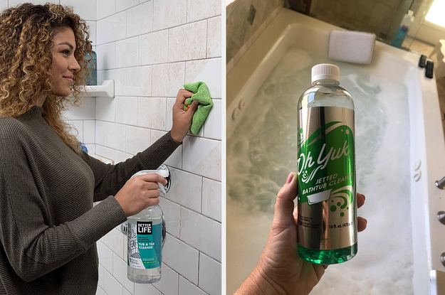 on left, model wipes away grime from side of bathroom wall with cloth and tile cleaner. on right, hand holds bottle of jet tub cleaner over foamy jacuzzi