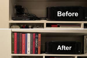 T: a reviewer photo of a shelf with a pile of tangled cords on it and text reading "before", B: a reviewer photo of the same shelf with a hollowed out book display covering the cords and text reading "after"  