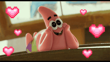 patrick star lying on his stomach with his knees bent and his cheeks in his hands with pulsing hearts surrounding him