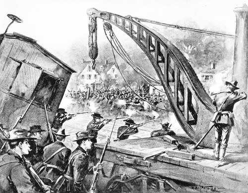 Violence in Chicago escalated when federal troops came to break the 1894 Pullman factory strike, as illustrated in this drawing from Harper&#x27;s Weekly
