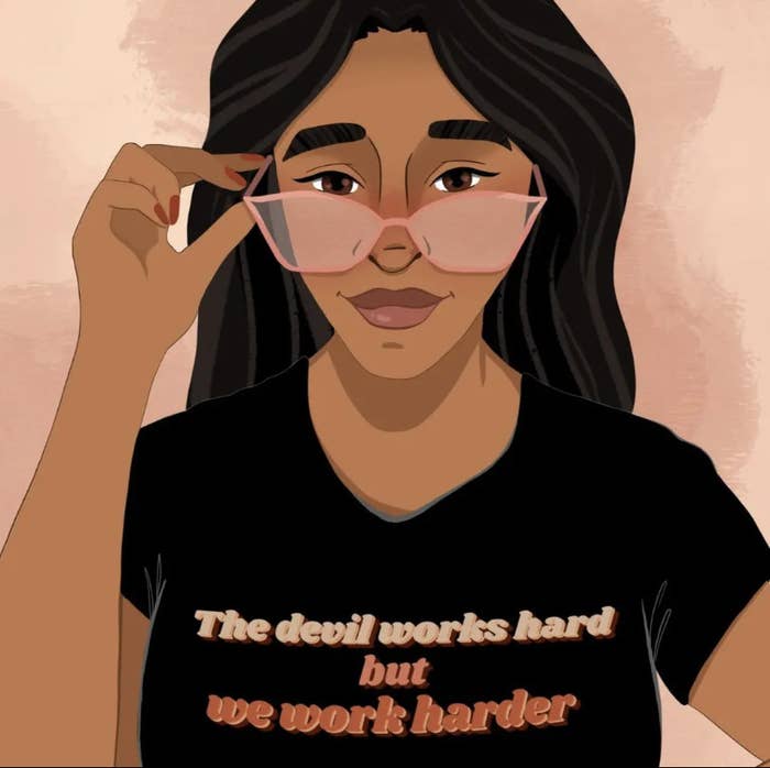 An illustration of a Black woman with her glasses on her nose and a T-shirt reading &quot;The devil works hard but we work harder&quot;