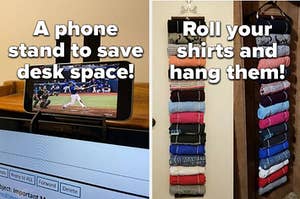 A reviewer's phone on a stand / A reviewer's shirts hanging on an organizer