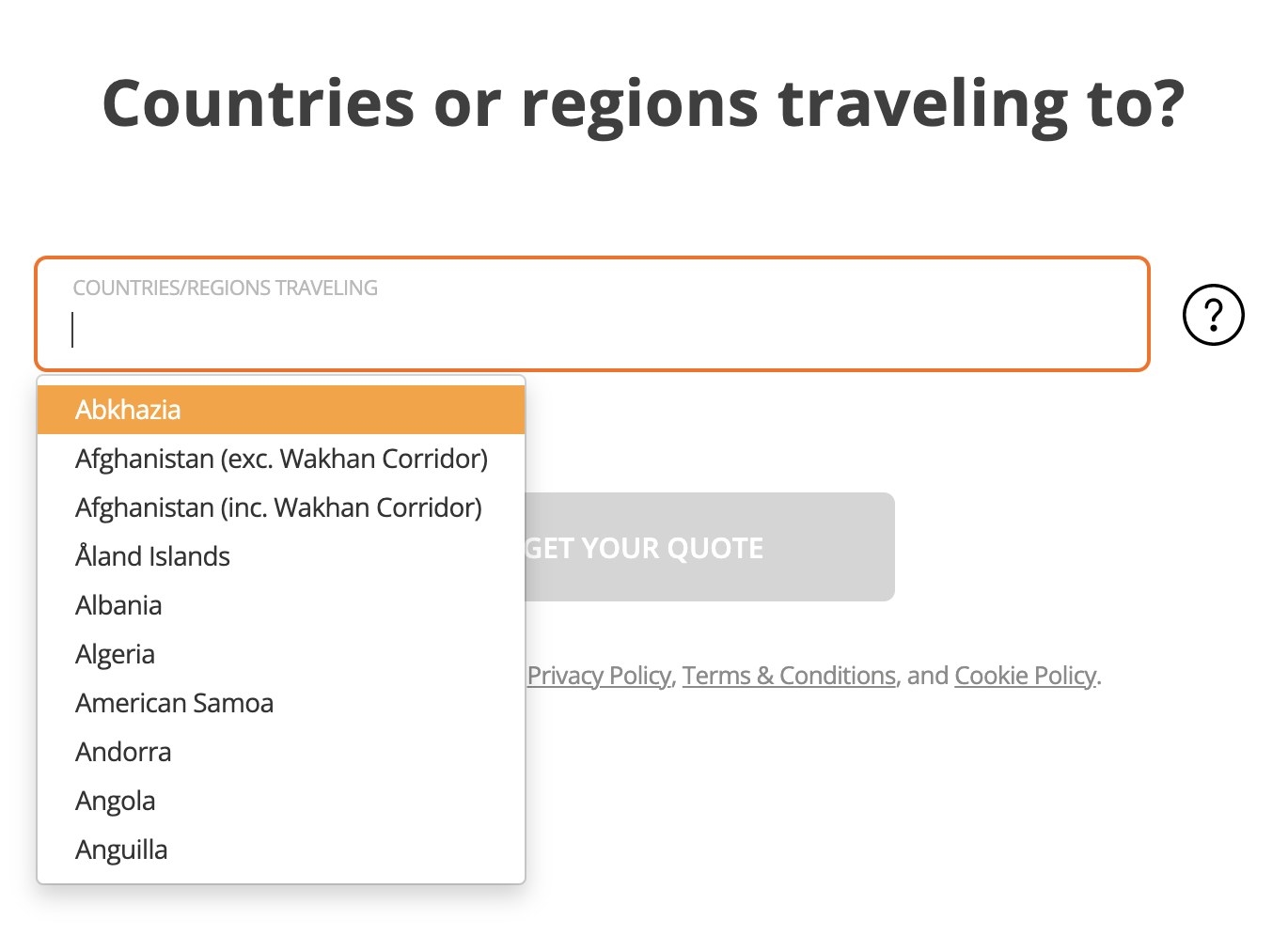 Screenshot of countries you can add to your policy