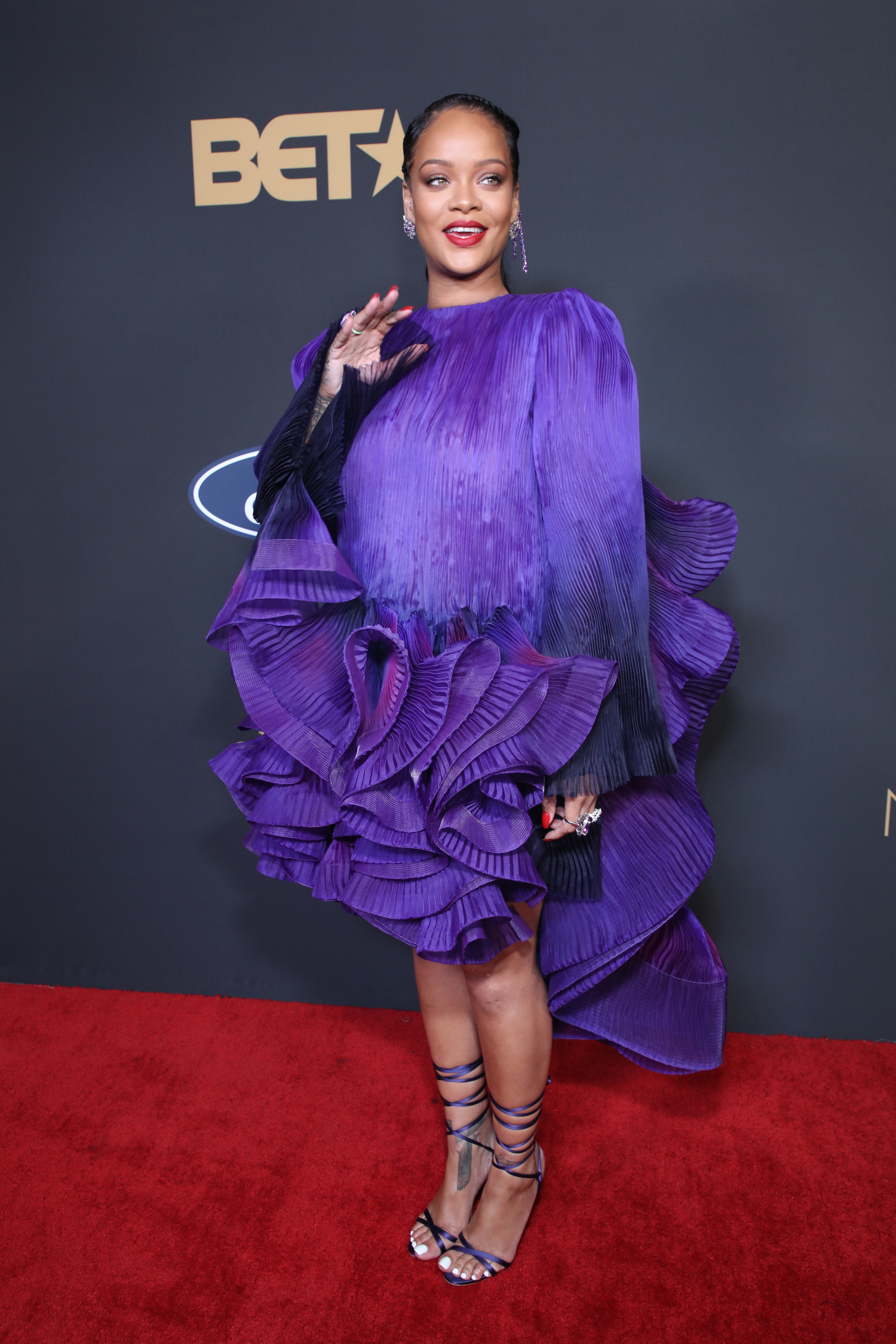 Rihanna is photographed on the red carpet at the NAACP Image Awards in 2020