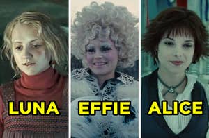 On the left, Luna from "Harry Potter," in the middle, Effie from "The Hunger Games," and on the right, Alice from "Twilight"