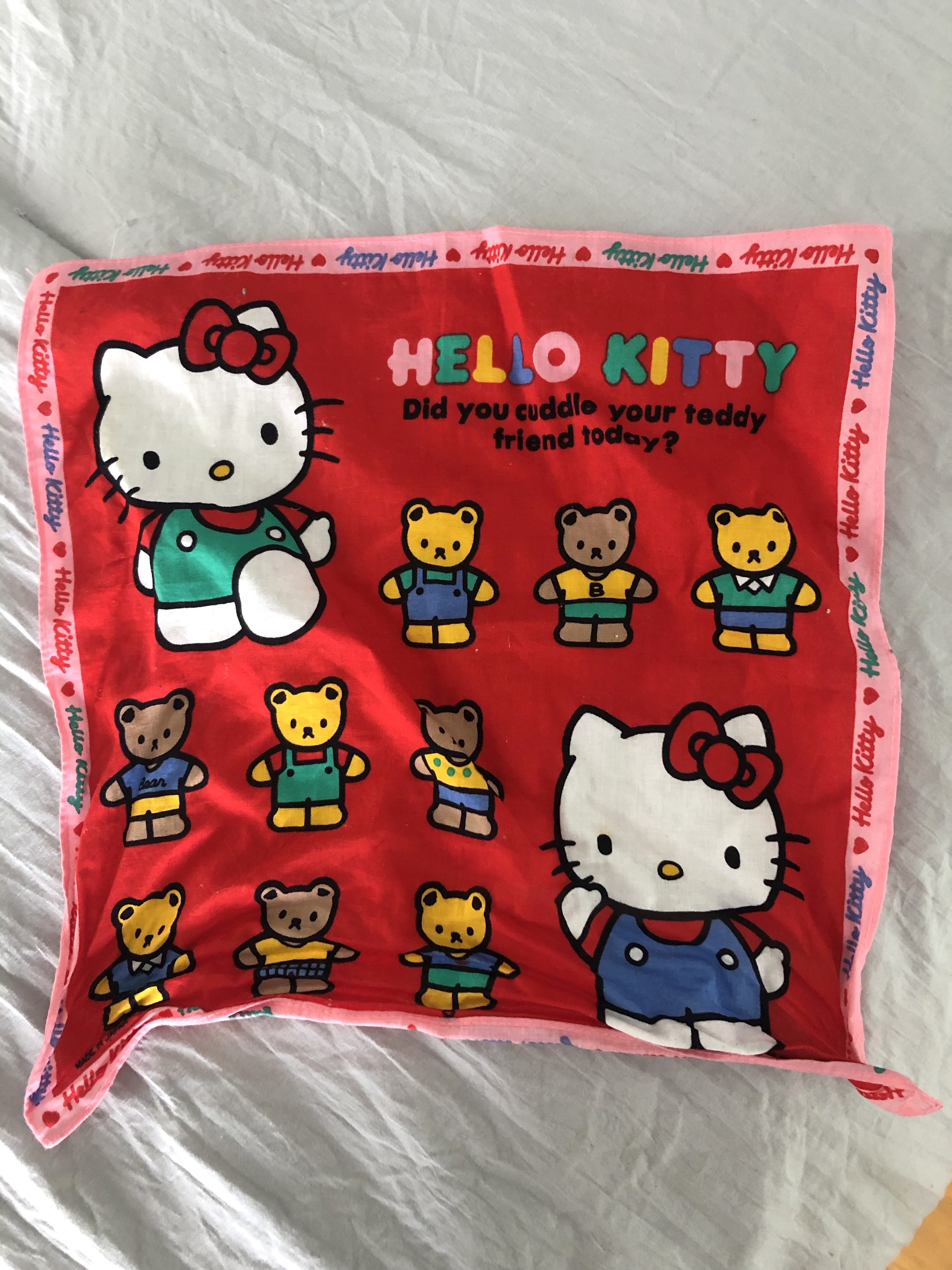 Hello Kitty handkerchief that reads: &quot;Did you cuddle your teddy friend today?&quot;