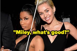 Nicki Minaj and Miley Cyrus pose for a photo together while wearing dark colored gowns