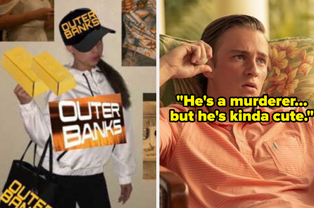 A girl wearing OBX merch and Rafe Cameron with caption "He's a murderer...but he's kinda cute."