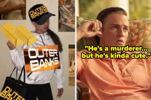 A girl wearing OBX merch and Rafe Cameron with caption "He's a murderer...but he's kinda cute."