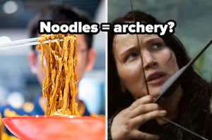 A pair of chopsticks holds up a pile of noddles and Katniss Everdeen pulls back an arrow in its bow case