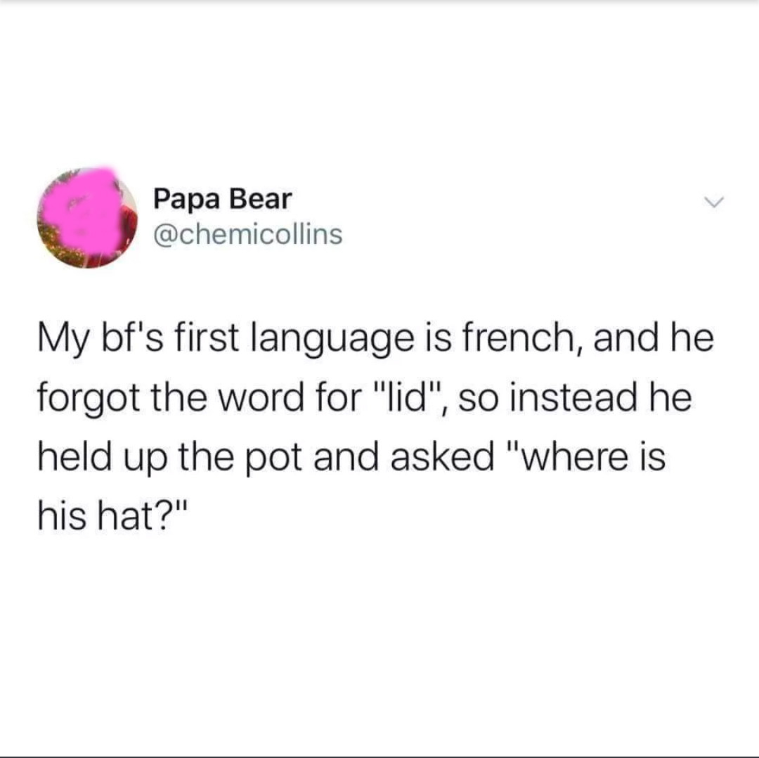 tweet reading my bf&#x27;s first language is french and he forgot the word for lid so instead held up a pot and asked where is his hat