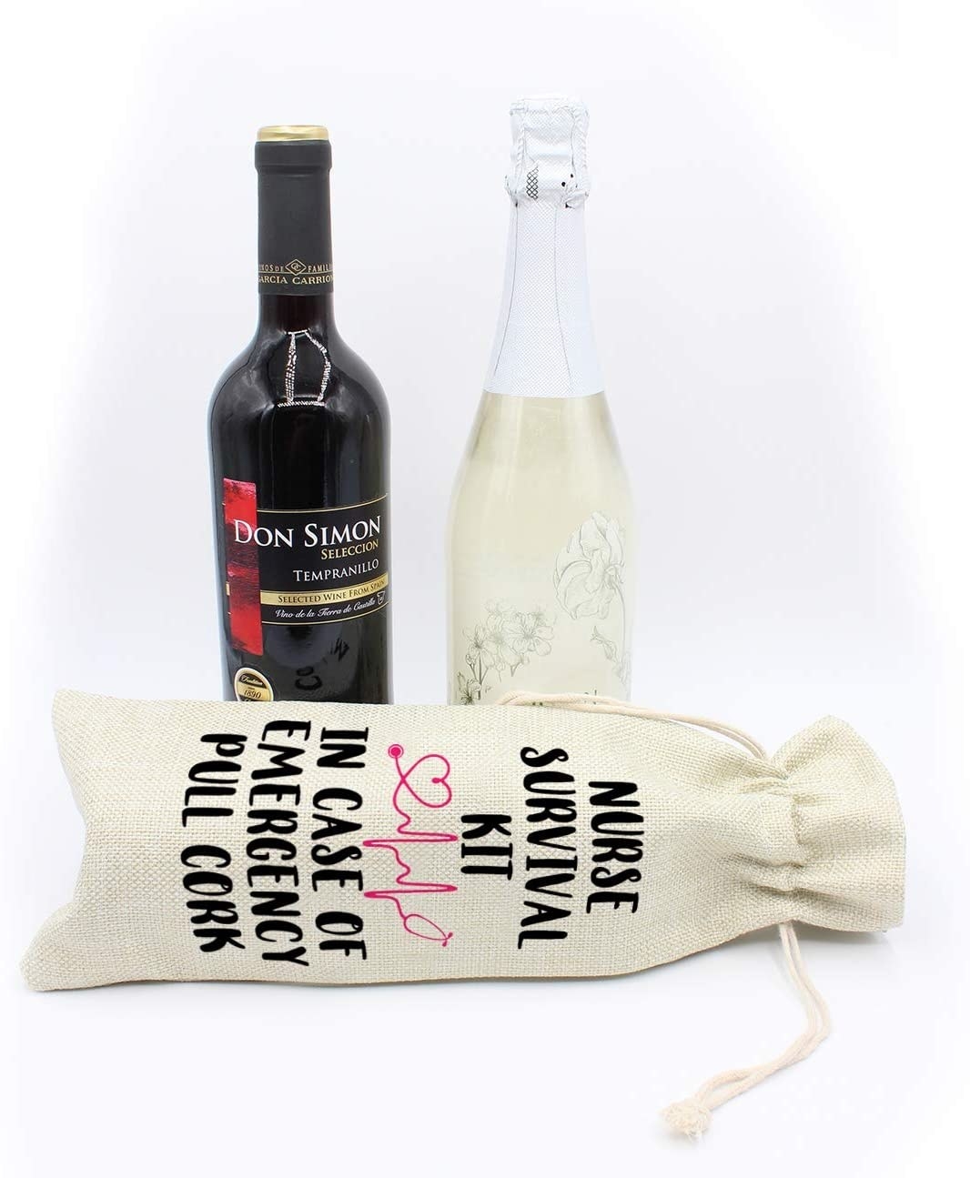 wine tote reading &quot;Nurse Survival Kit. In case of emergency pull cork&quot; with two wine bottles