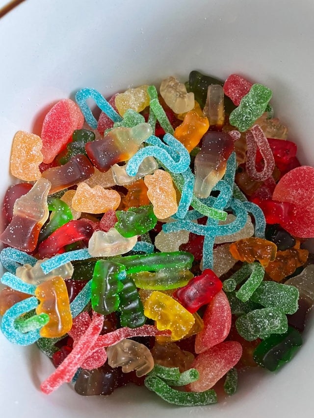 Different gummy bears in a bowl