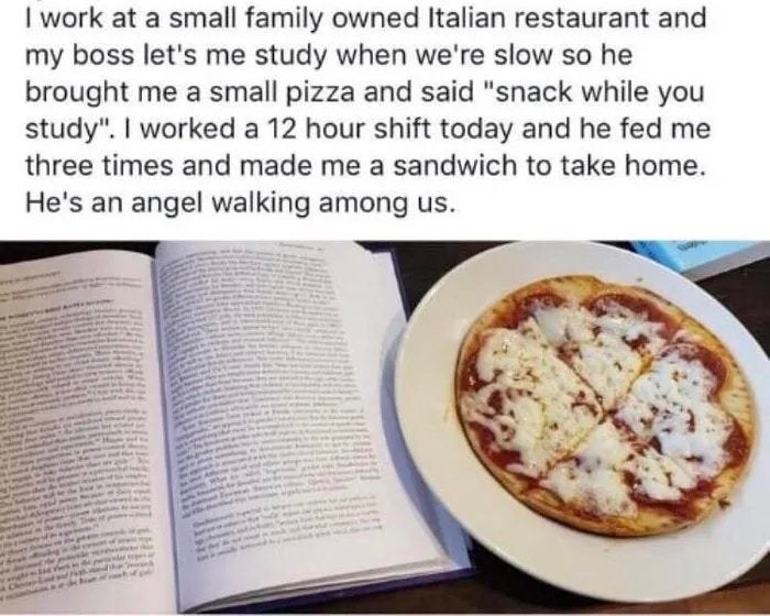 a person studying at a restaurant they work at was giving small pizzas to snack on