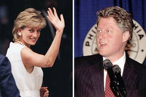Princess Diana waving at a crowd, President Bill Clinton speaking at a podium