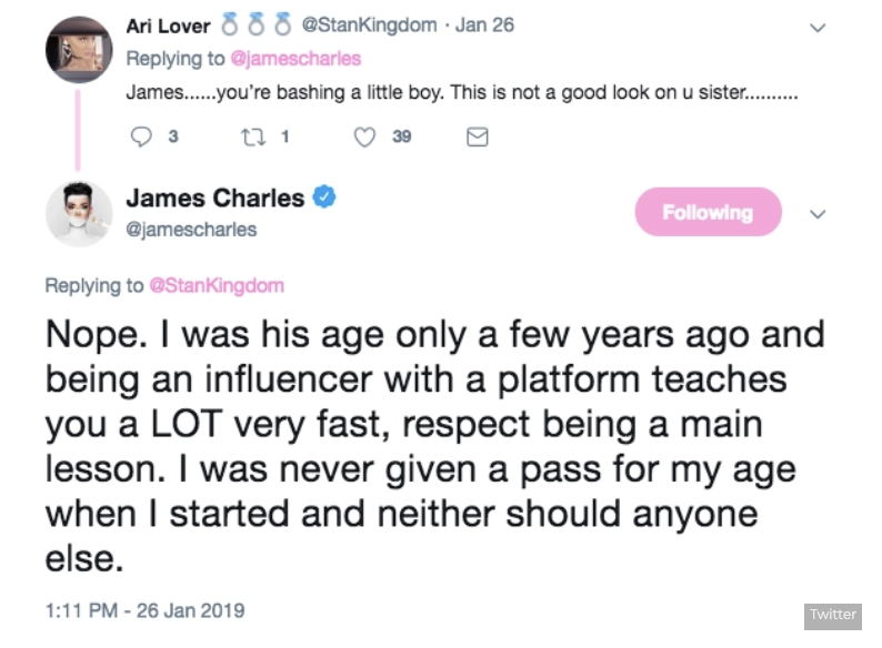 In response to being told he&#x27;s bashing a little boy: &quot;I was his age only a few years ago and being an influencer with a platform teaches you a LOT very fast, respect being a main lesson. I was never given a pass for my age and neither should anyone else&quot;