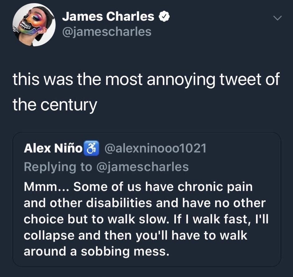 He describes this tweet as &quot;the most annoying tweet of the century&quot;: &quot;Mmm some of us have chronic pain and other disabilities and have no other choice but to walk show; if I walk fast, I&#x27;ll collapse and then you&#x27;ll have to walk around a sobbing mess&quot;