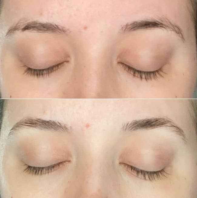 A customer review photo of their eyebrows before and after using the NYX eyebrow gel