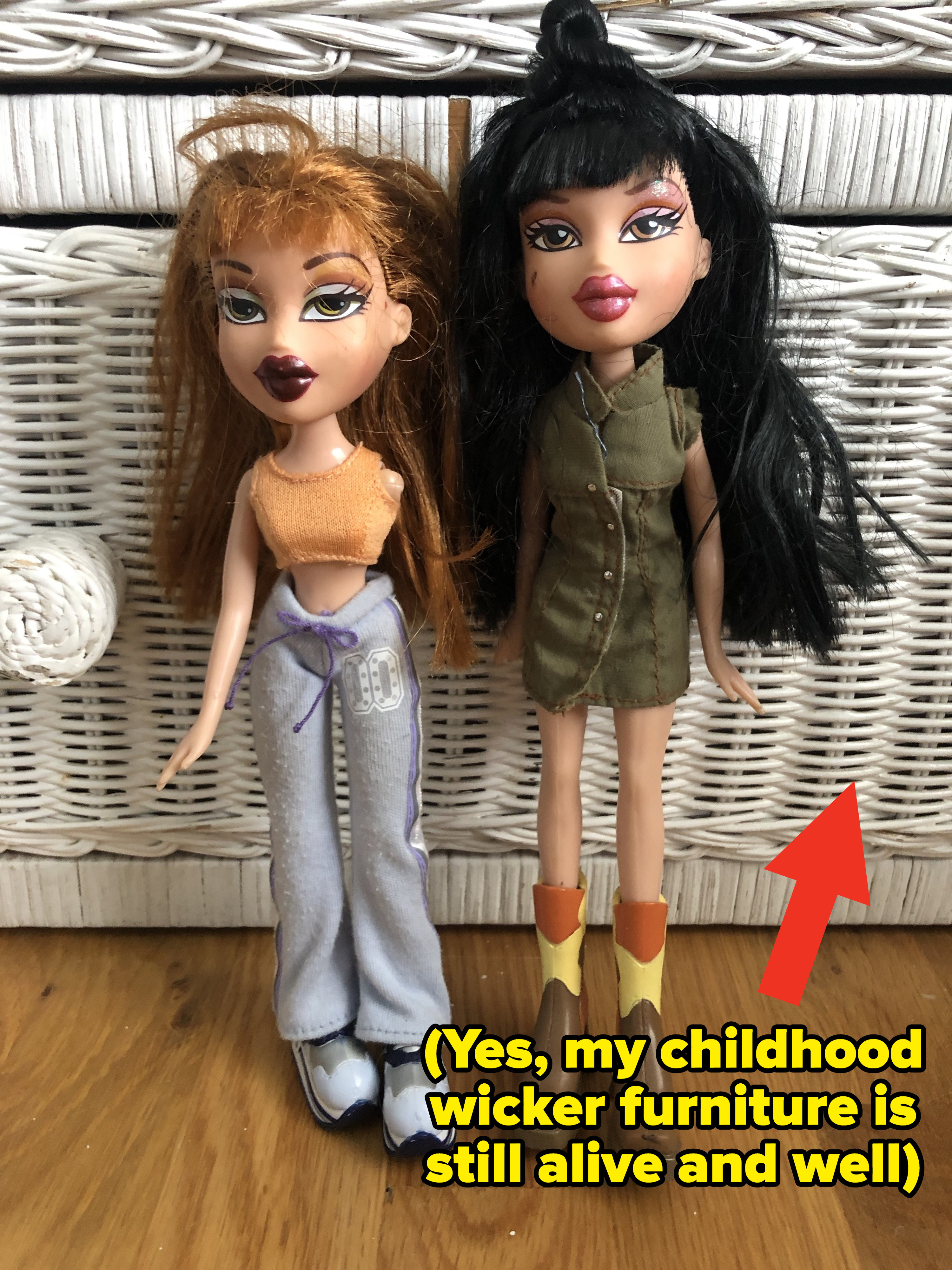 Bratz dolls placed in front of wicker furniture with text that reads: &quot;(Yes, my childhood wicked furniture is still alive and well)