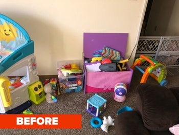 Reviewer's before photo showing a messy room with toys strewn on the floor